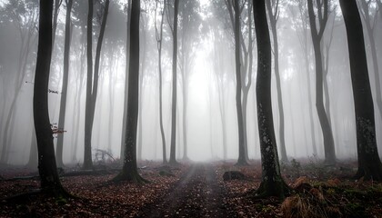 Misty path amidst tall trees in a dark, atmospheric forest