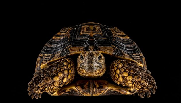Golden turtle with intricate shell patterns on black background.