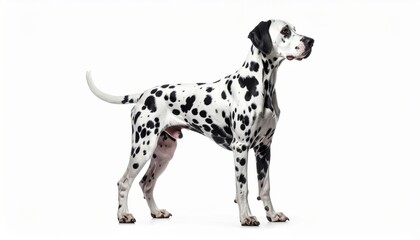Dalmatian dog standing profile on white background.