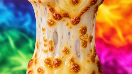 Obraz premium Abstract macro food image featuring melted cheese with textured surface and colorful bokeh background