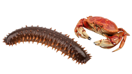 Fresh Brown Sea Cucumber and Red Crab Seafood Product Shot isolated PNG with Transparent Background