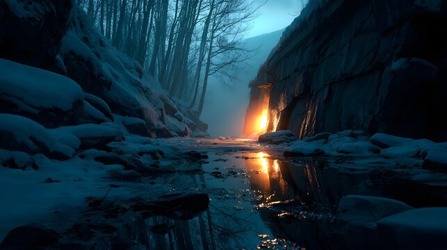 Mystische Winterlandschaft mit leuchtendem Feuer in felsiger Schlucht

