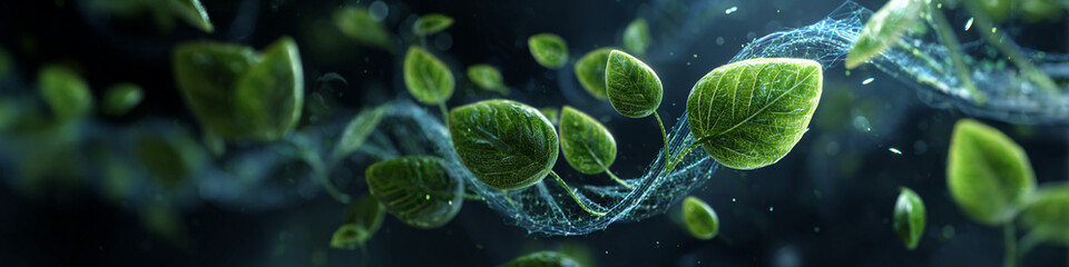 A vibrant and intricate depiction of green leaves and glowing blue DNA strands intertwining