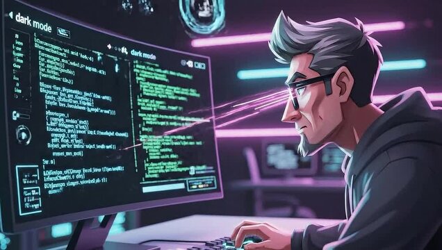 A stylized illustration of a coder works at a computer with lines of code displayed on a screen.