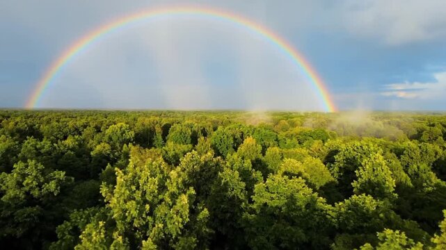 Breathtaking aerial drone footage of a vibrant full rainbow arching over a lush green forest landscape under a dramatic blue sky after a summer rain shower
