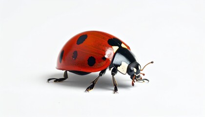 Ladybug with red shell and black spots on white background.