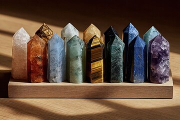Crystal Collection: An array of vibrant crystal points, each showcasing unique hues and textures, are carefully arranged on a wooden display, exuding a sense of serenity and natural beauty.