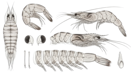 Detailed Scientific Illustration of Shrimp Anatomy and Life Stages isolated PNG with Transparent Background