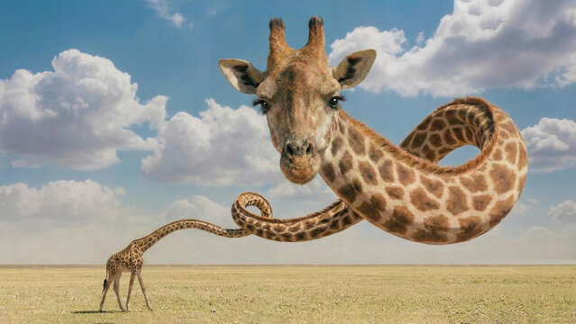 A silly and whimsical portrait of a giraffe with an extraordinary and exaggerated long neck, hamming it up fo the viewer. A sky with fluffy clouds on a grassy plain. Native to Africa. The Serenghetti.