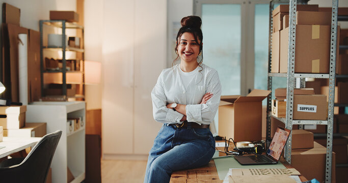 Ecommerce, portrait and happy woman with arms crossed for startup, confident and logistics supplier. Supply chain, distribution office and entrepreneur with pride for career, smile and small business - Powered by Adobe