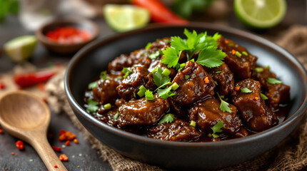 Fototapeta premium Delicious Asian-style glazed beef or pork stew in a dark ceramic bowl, garnished with fresh herbs and chopped green onions, ready to serve.
