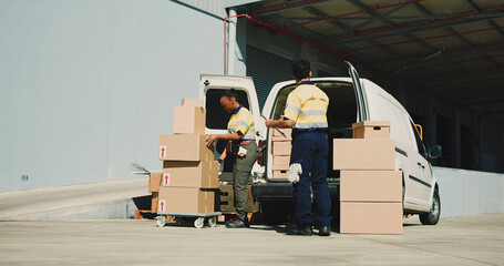 Logistics, outdoor or people with boxes by van, package inspection or check shipment for delivery....