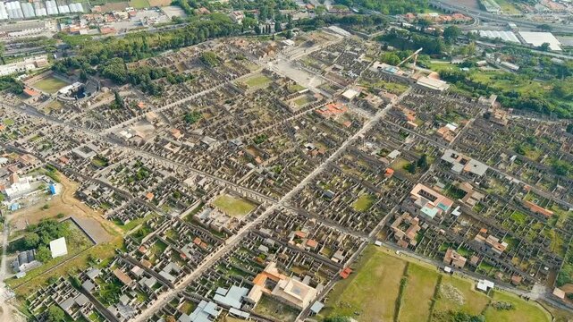 Pompeii, Italy. Pompeii is a large ancient Roman city, now a large-scale archaeological complex. General view from above. Drone footage