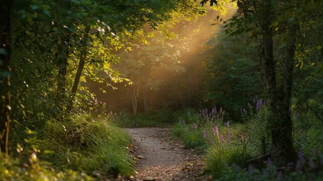Sunlit forest path with wildflower carpet and soft morning sunlight beams creating peaceful mood