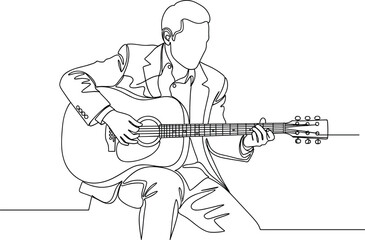 Fototapeta premium Man playing acoustic guitar line art illustration, musician performance, music creativity, minimal continuous one line drawing isolated white background design
