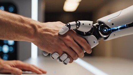 Close-up slow motion handshake between a human hand and a white futuristic robotic arm, symbolizing artificial intelligence collaboration in a modern office.