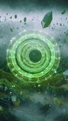 Glowing Green Energy Portal with Floating Crystals