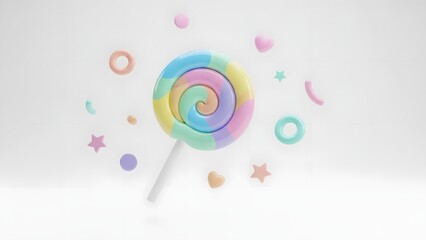 Colorful lollipop surrounded by decorative shapes on white background.