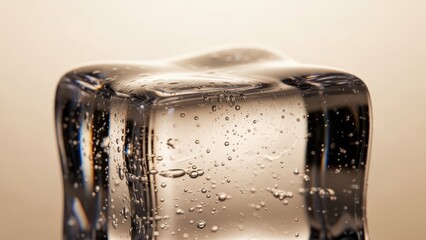 Close up of a clear ice cube with bubbles against a neutral background