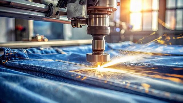 Automated laser cutting machine precisely etching a design into denim fabric.