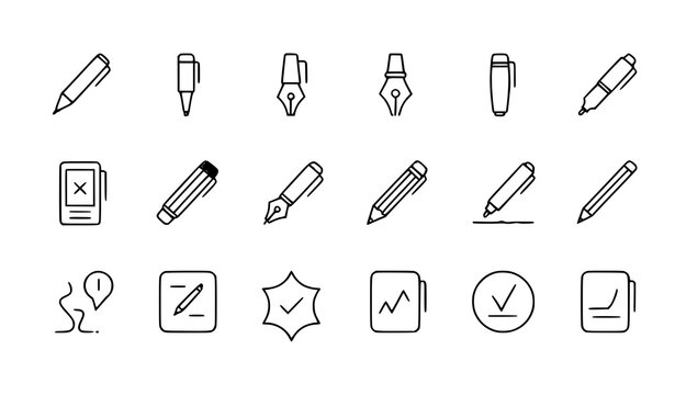 Pen line icon set with black outline writing symbols in modern flat style for web and mobile
