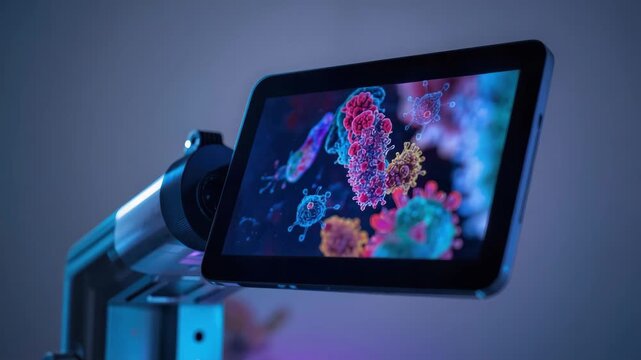 Microscope and tablet screen showing colorful virus bacteria pathogen illustration medical