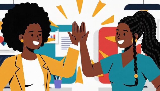 Two Black Women Celebrating Success in the Office.