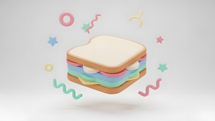 Playful pastel 3D sandwich illustration with colorful layers and confetti accents.