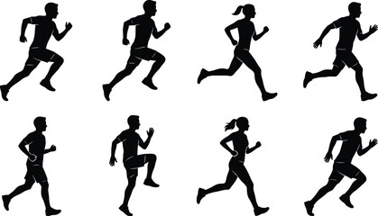 Running silhouette set, male and female athletes sprinting and jogging, sport figures vector illustration isolated on white background.