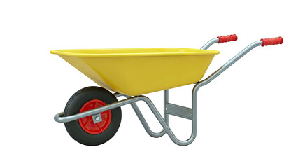 Yellow wheelbarrow with red grips and wheel rim