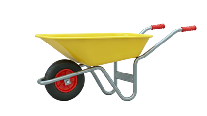 Yellow wheelbarrow with red grips and wheel rim