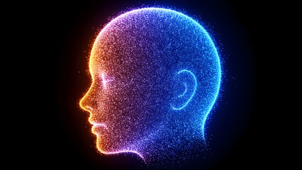 Obraz premium Glowing neon human head made of tiny particles on black background
