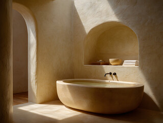 Oval Bathtub in Beige Bathroom with Soft Natural Lighting