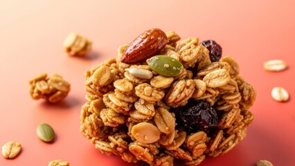 Obraz premium Close up of a granola cluster with various nuts and seeds against a soft background