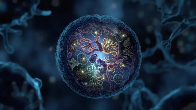 Cell interior microscopic scene with colorful organelle structures glowing cytoplasm membrane
