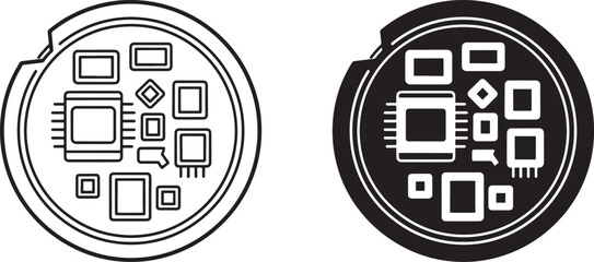 Two circulars with black and white circuit board filled and outlined icons flat vector illustrations design, isolated on a white background.