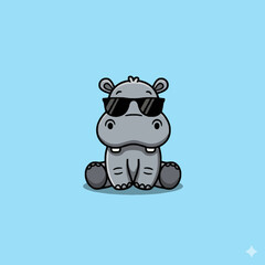 Fototapeta premium Cute cartoon hippopotamus wearing sunglasses sitting down.