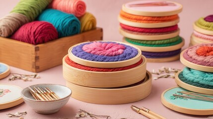 Handmade Embroidery Hoops and Craft Supplies Still Life