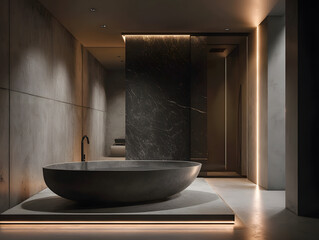 Sleek Gray Bathtub in Minimalist Modern Bathroom with Warm Lighting