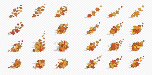 Set of falling autumn leaves with motion effect, isolated on transparent background, vector illustration.
