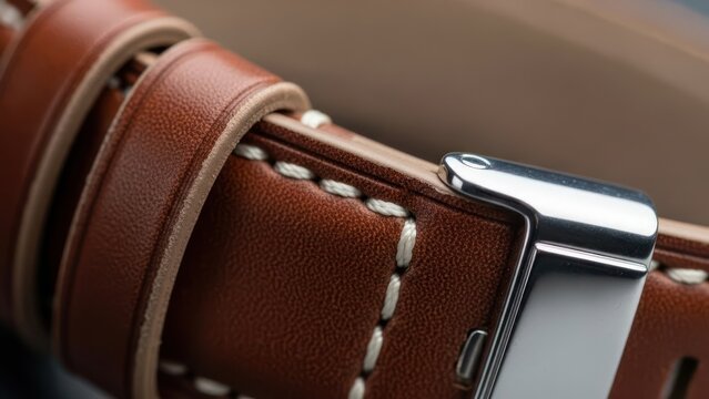 Close up of a leather watch strap with metal clasp and stitching