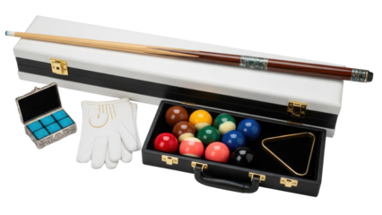 Complete Billiard Pool Game Accessories Set with Cue Stick, Balls, and Equipment Product Shot isolated PNG with Transparent Background