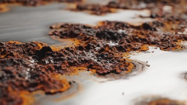 Close-up of rusty metal surfaces with orange corrosion and white oxidation in a shallow depth of field