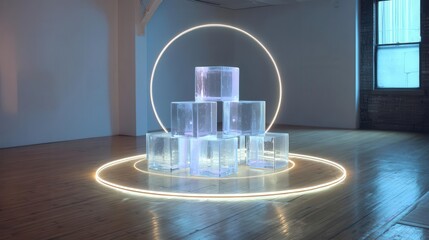 Illuminated Cubes and Neon Circles Modern Abstract Art