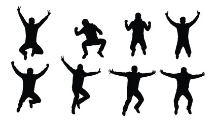 Silhouettes of people in various dynamic and celebratory poses jumping and gesturing