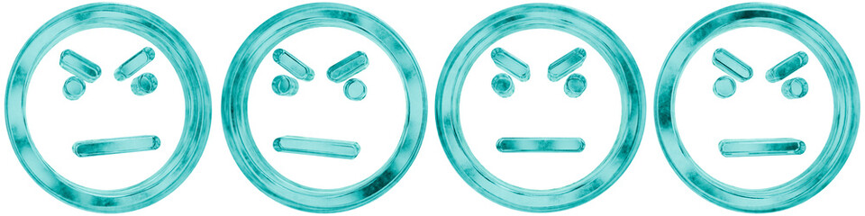 Set of four 3D angry face emoji outline shapes in frosted blue ice glass style, isolated on a transparent background. Glassmorphism icons and 3D elements for modern graphic design.