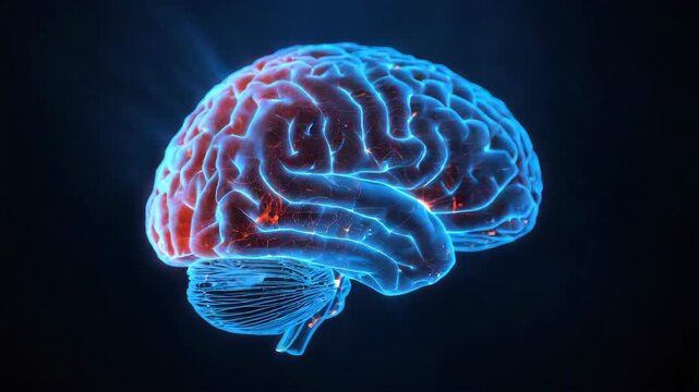 Glowing human brain illustration with neural activity, neon brain network and glowing cortex