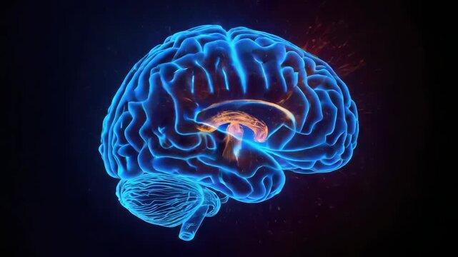 Glowing blue brain highlighting orange thalamus and neural pathways with hippocampus warm tones