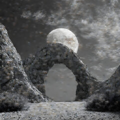 Stone Archway with Full Moon in Grayscale Fantasy Sky Background