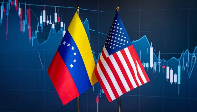 Venezuela and USA flags with financial charts - Powered by Adobe